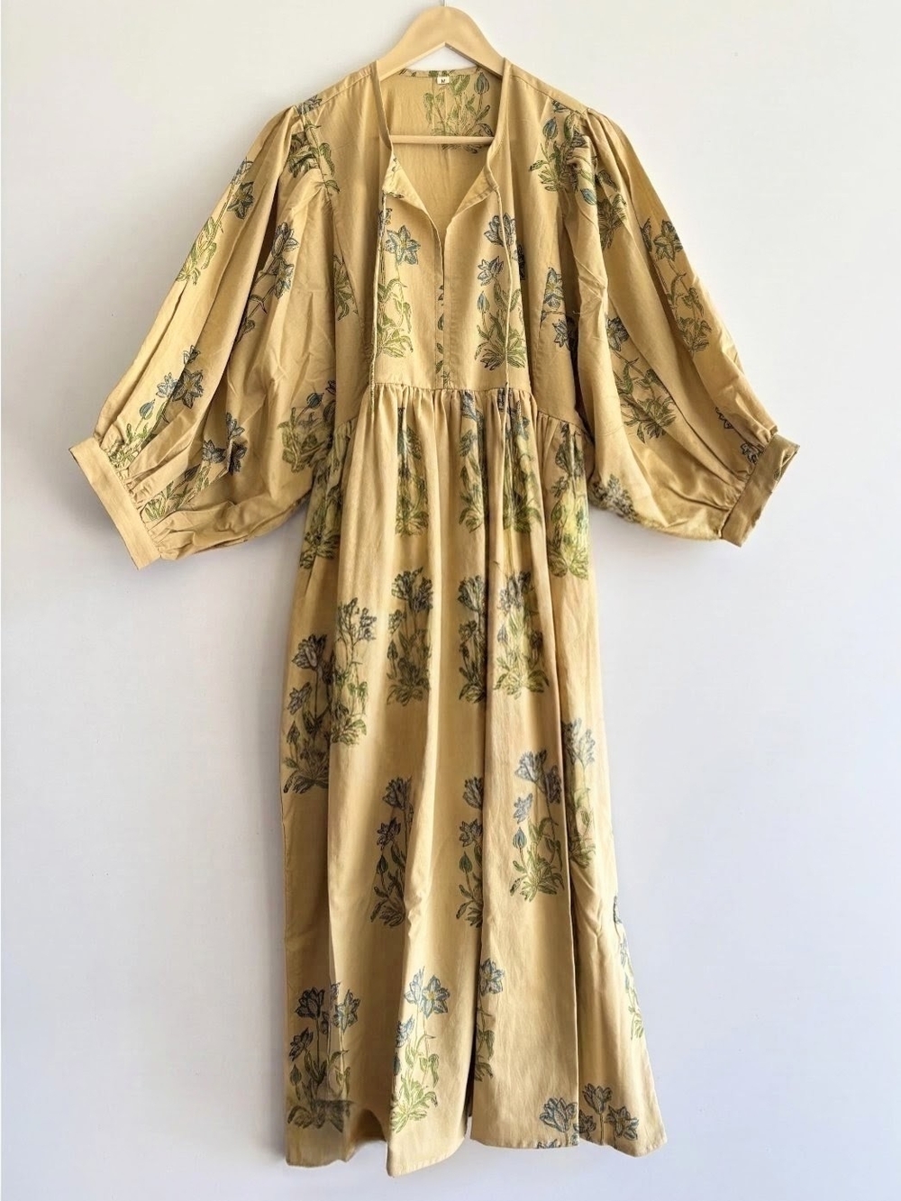 Beige Floral Maxi Dress with Blue Print